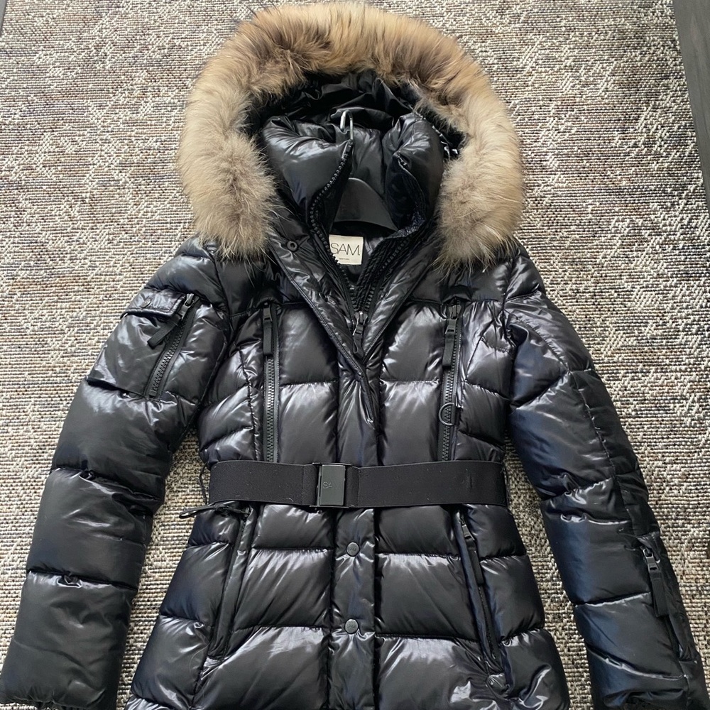 Sam Millennium fox fur-trim belted down puffer jacket